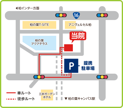 地図イラスト　当クリニックから柏の葉キャンパス駅方面に、提携駐車場がございます